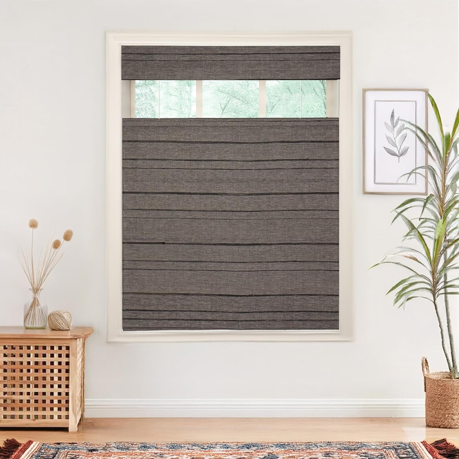Natural Jute Hemp Top Down Bottom Up Roman Shades, Cordless Bamboo Roman Shades for Bedroom and Living Room, Light Filtering Bamboo Blinds, Black Gray