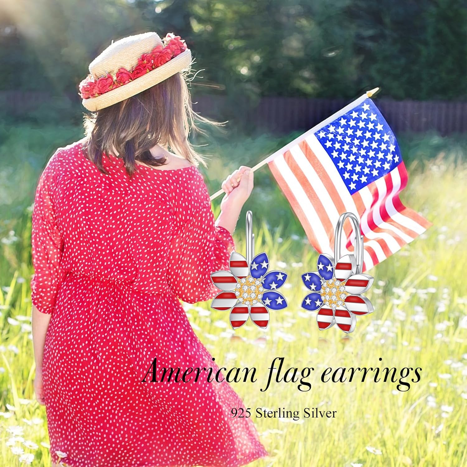 Daisy Earrings Sterling Silver 4th of July Earrings Patriotic Daisy Jewelry Independence Day Gifts for Women