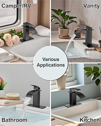 Miniatura 8 de Midanya Grifo de baño con boquilla de cascada de una sola manija, grifo de lavabo de baño de 1 agujero, moderno grifo de lavabo de lavabo de RV con