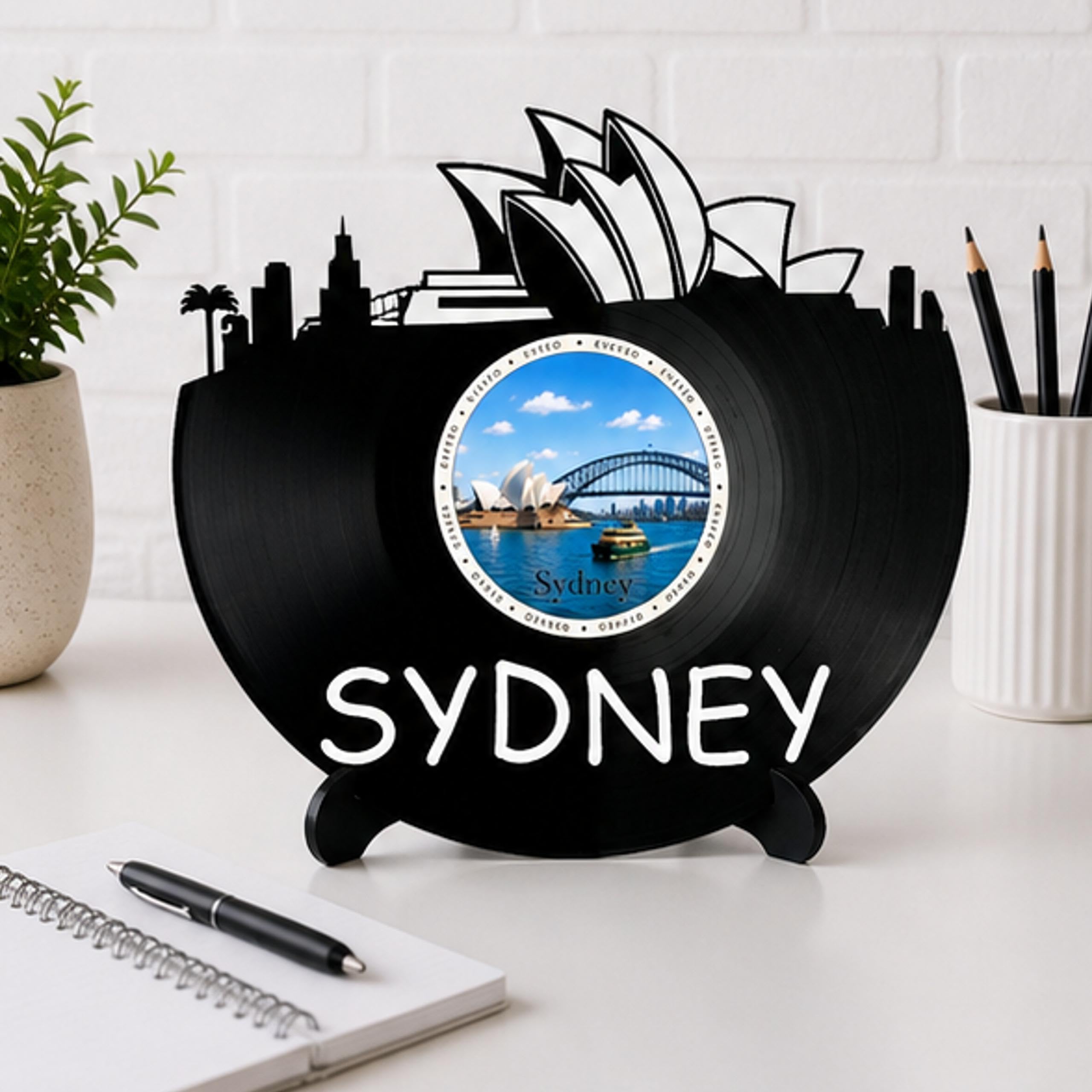 EVEVO D0029 - Decorazione da parete a forma di disco di Sydney, in vinile, motivo skyline australiano, idea regalo per i globuristi e i fan dell'opera