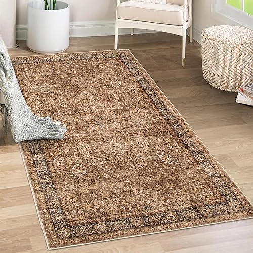 Alfombra vintage de 3 x 5 pies, antideslizante, lavable y bohemia para interiores, alfombra floral suave, envejecida, no desprende pelusa, alfombra