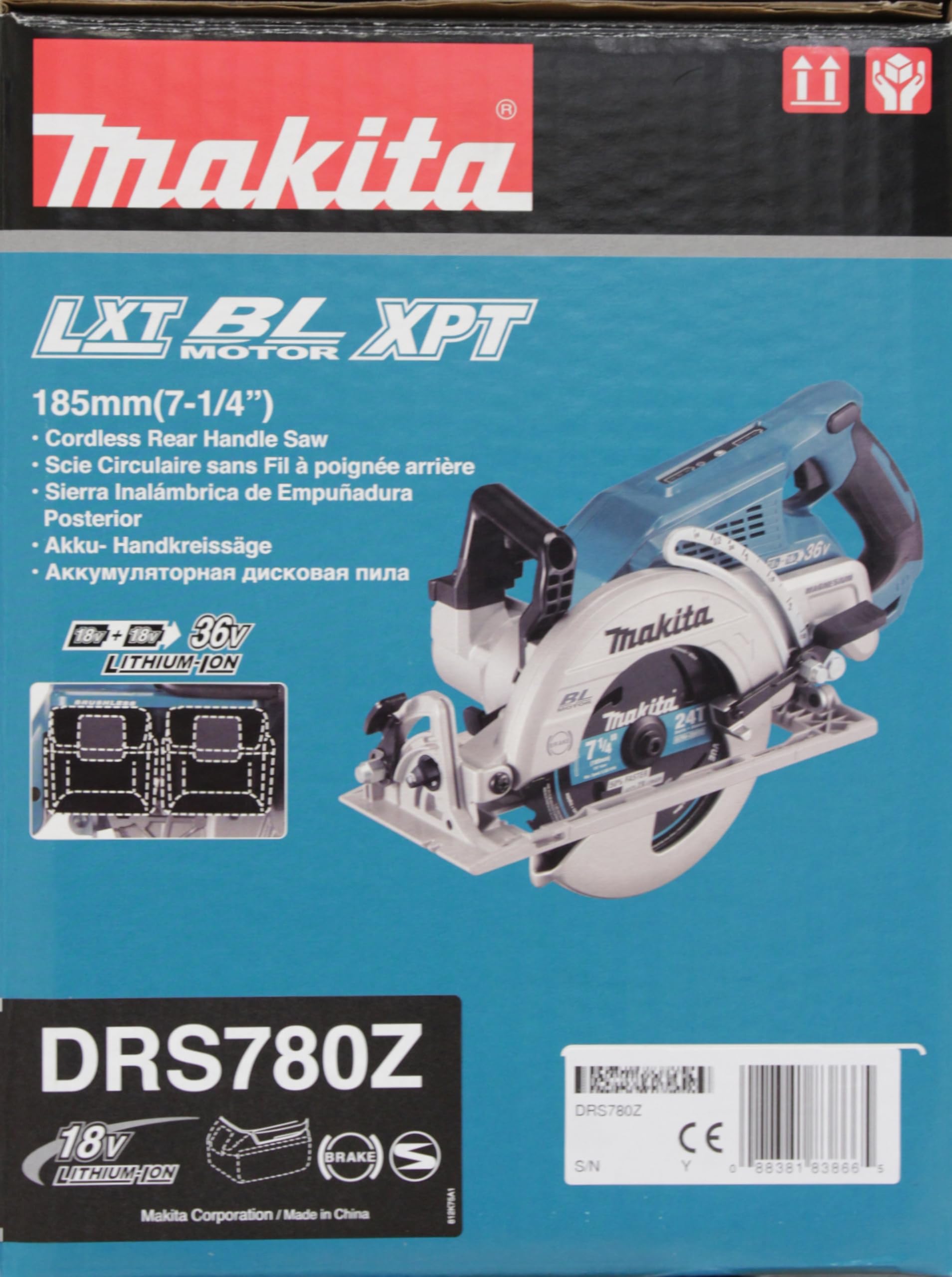 Makita DRS780Z - Sega con manico posteriore 18Vx2 (36V) LXT 7-1/4'' (solo tessuto) (senza batteria, senza caricatore)