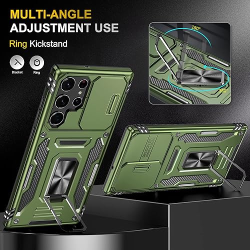 Miniatura 4 de Funda para teléfono celular para Galaxy S22 Ultra, verde, funda protectora para cámara deslizante, protección resistente, soporte de soporte, funda