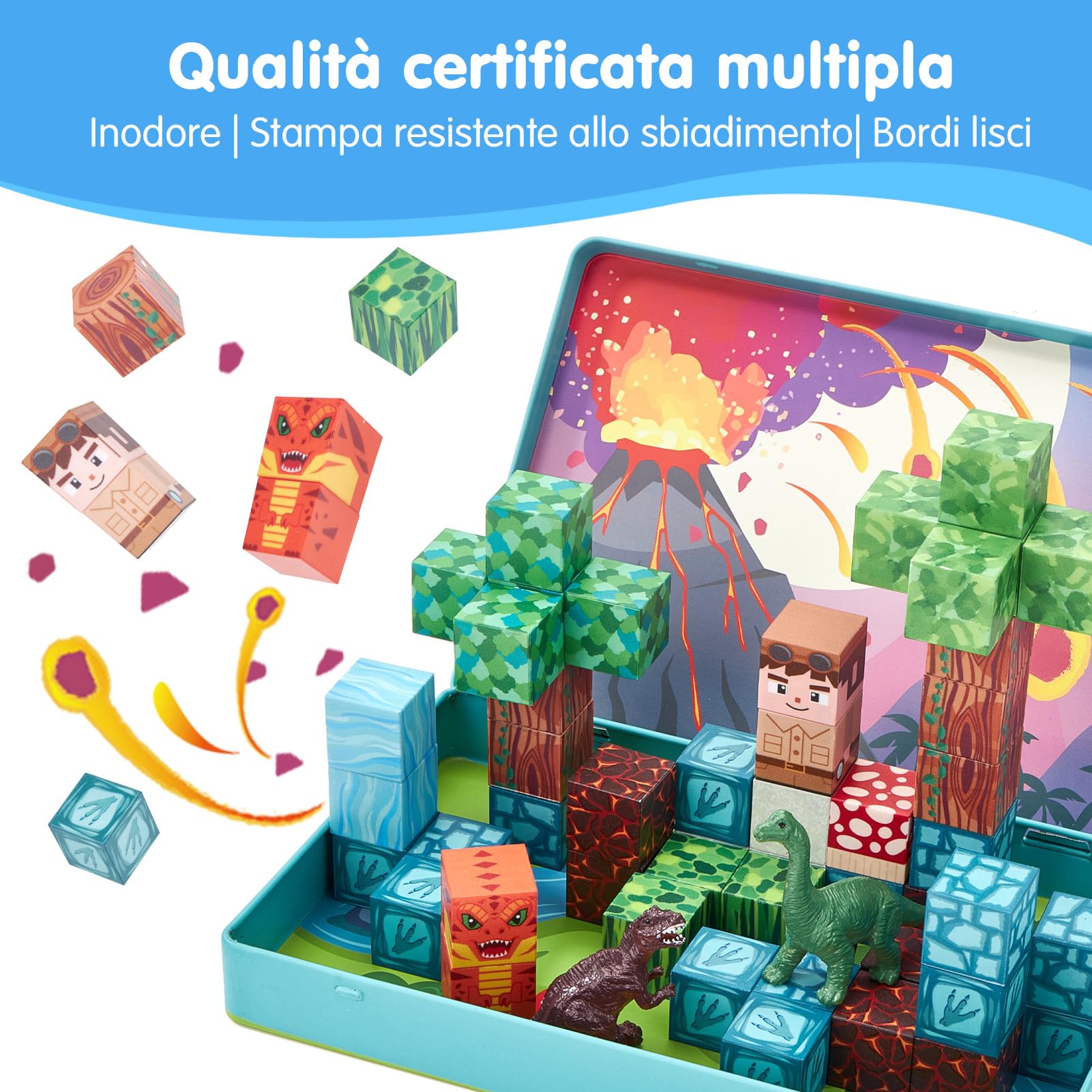 hahaland Costruzioni Magnetiche da Viaggio, 52 pezzi Cubi Magnetici Dinosauri per Bambini, Montessori Giocattolo Viaggio STEM Regali Ragazzi Ragazze 3 4 5 6 anni