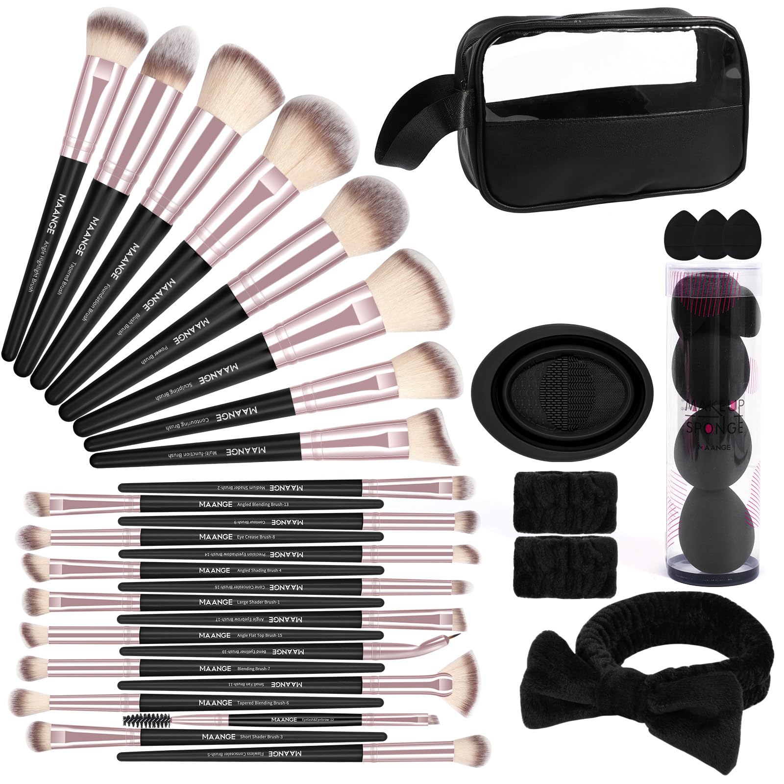 MAANGE Set di 42 pennelli da trucco, set completo di pennelli per trucco, 5 prodotti inclusi per fondotinta, ombretto, correttore, ombretto, set di pennelli per trucco, nero