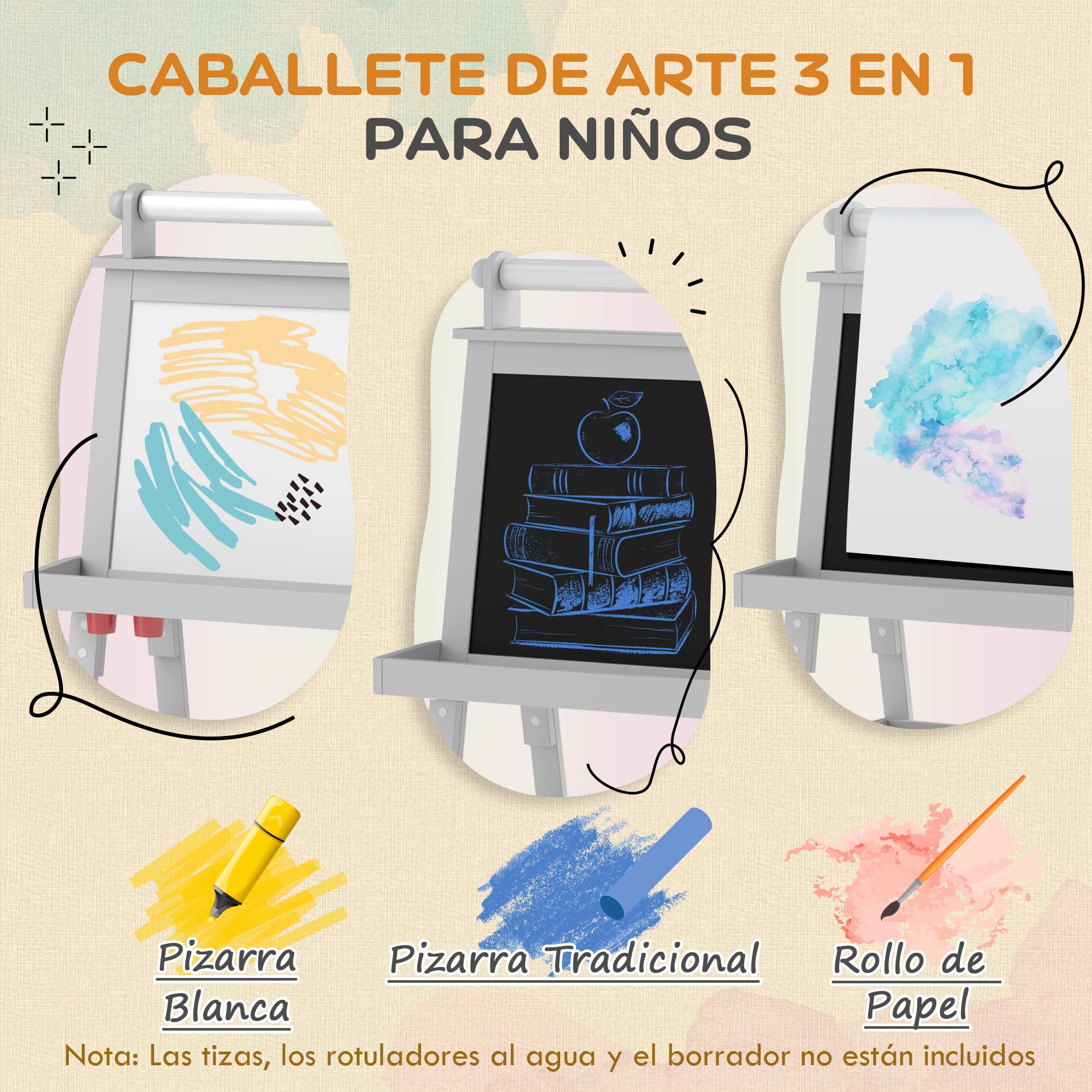AIYAPLAY Pizarra Infantil Caballete 3 en 1 Pizarra Infantil de Doble Cara Magnética Caballete de Pintura para Niños con Rollo de Papel y Cestas de Almacenamiento 59x48x118 cm Gris