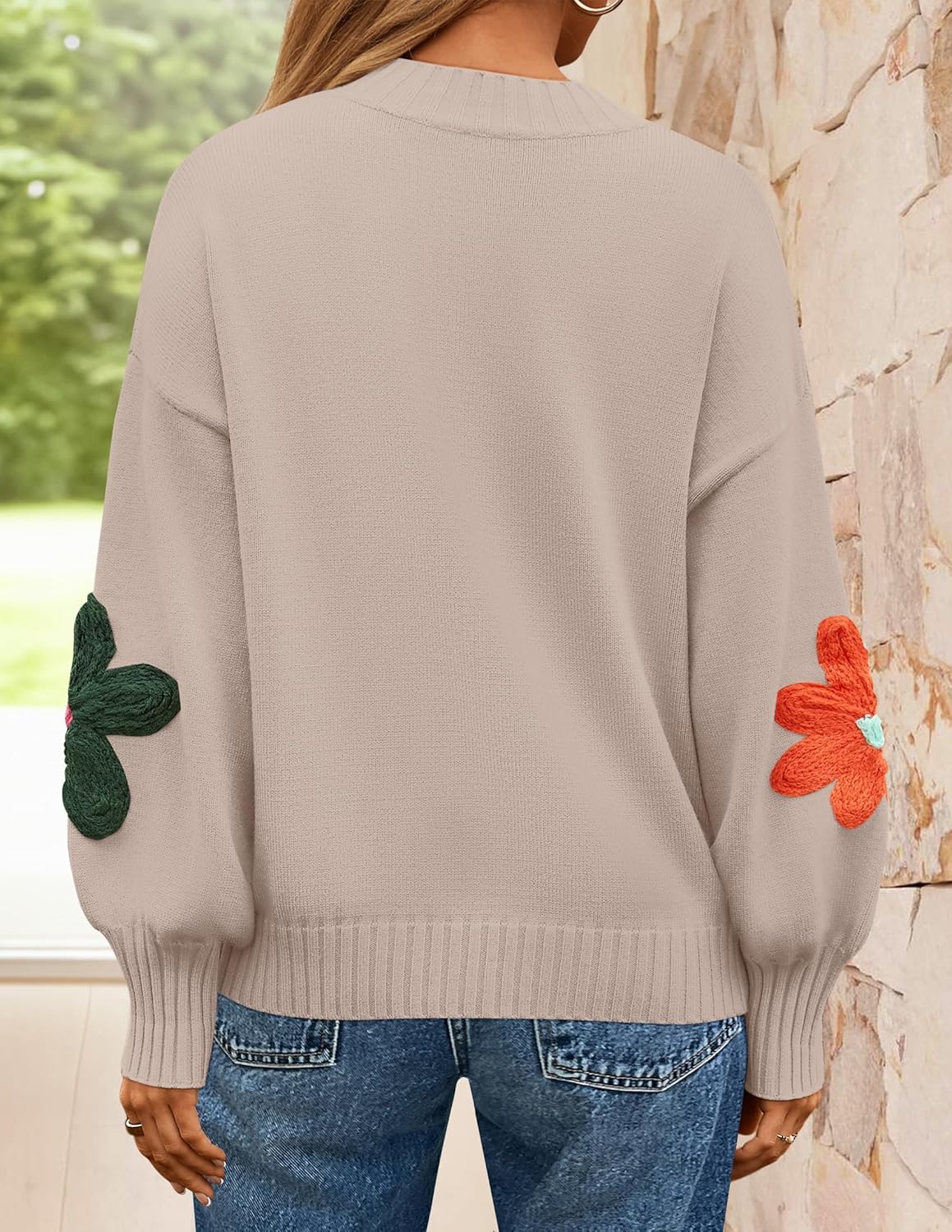 ZESICA Women's Long Puff Sleeve Sweaters Casual Crewneck Ribbed Knit Flower Color Block Loose Pullover Tops - Image 4