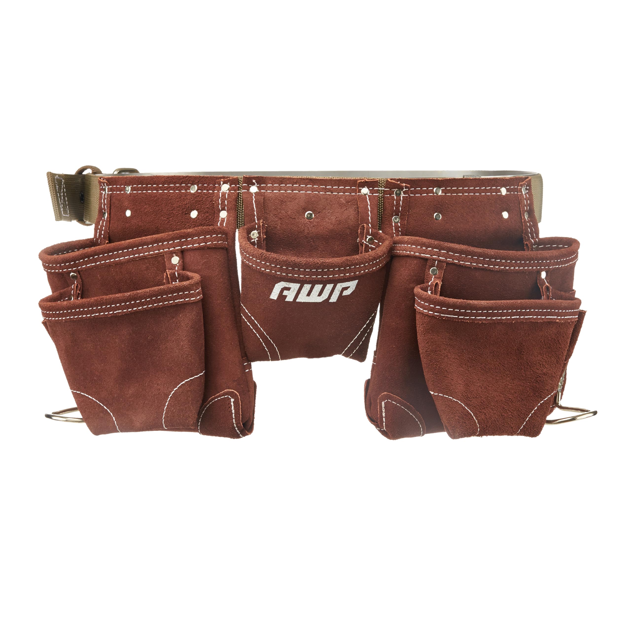 AWP Suede Leather General Construction Tool Pouch Apron | 11-Pocket Tool Organization Work Belt | Brown | Fits Up to 50" Waist Size
