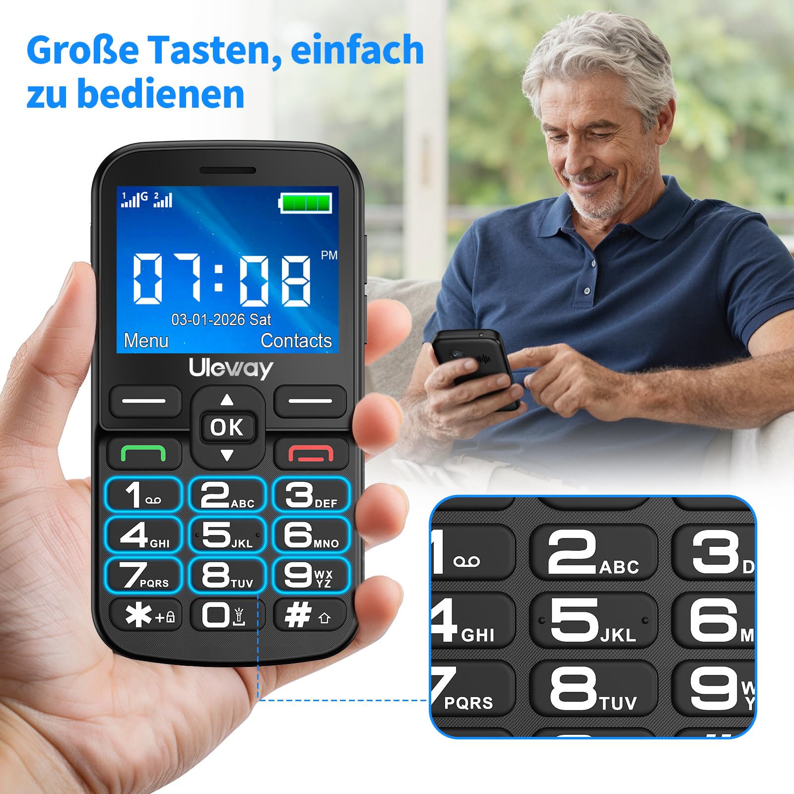 4G Seniorenhandy Ohne Vertrag mit Groüe Tasten | Großes 2,4-Zoll-IPS-Display | Dual Nano SIM Senioren Rentner Handy mit Notruftaste | Typ-C-Kabel | Hörgeräte Kompatibel | Tastenhandy mit Ladestation