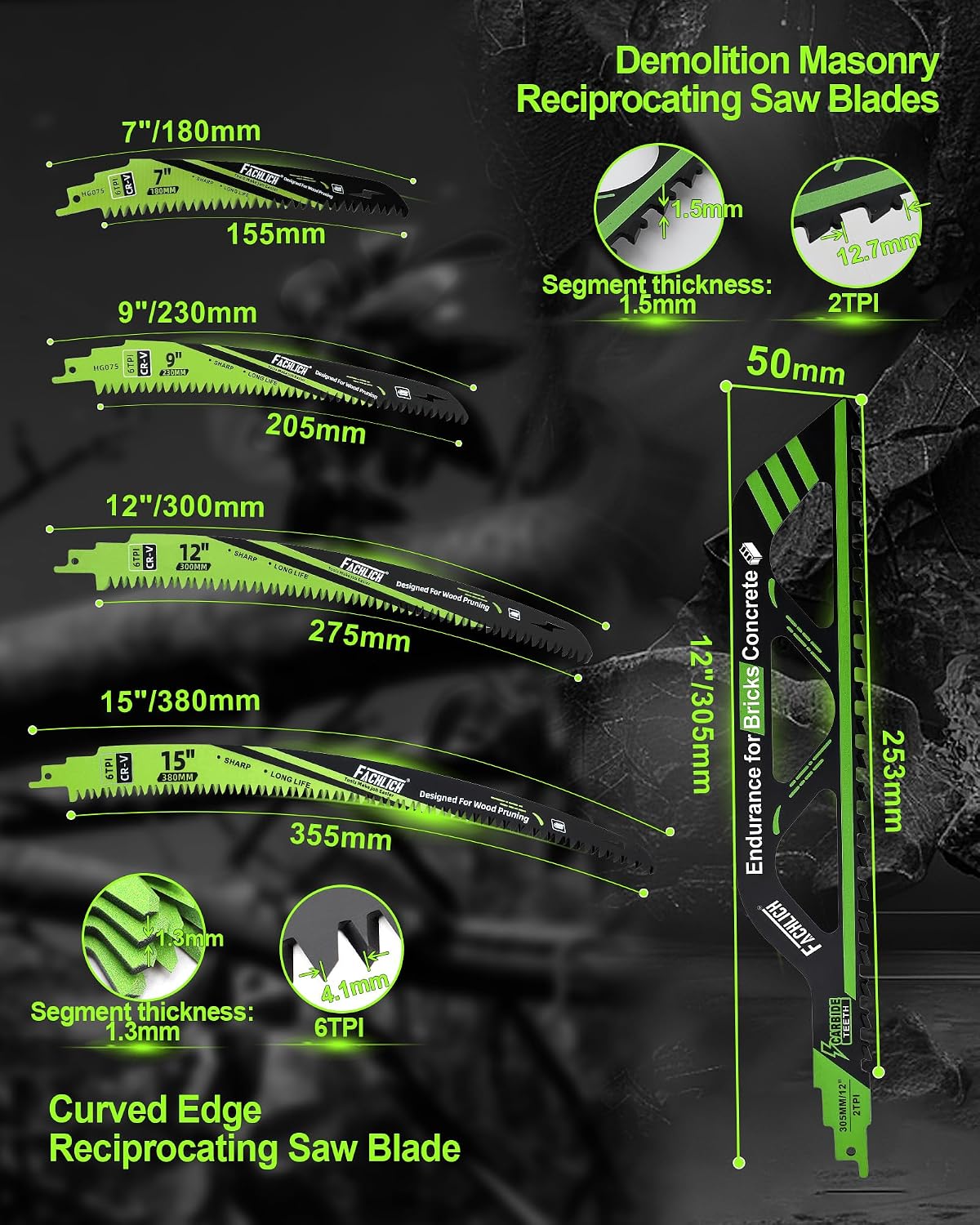 Demolition Masonry Reciprocating Saw Blades 12 Inch+3pcs Reciprocating Saw Blade 7 Inch, Saw Blade for Cutting Wood, Aerated Concrete and Hollow Brick