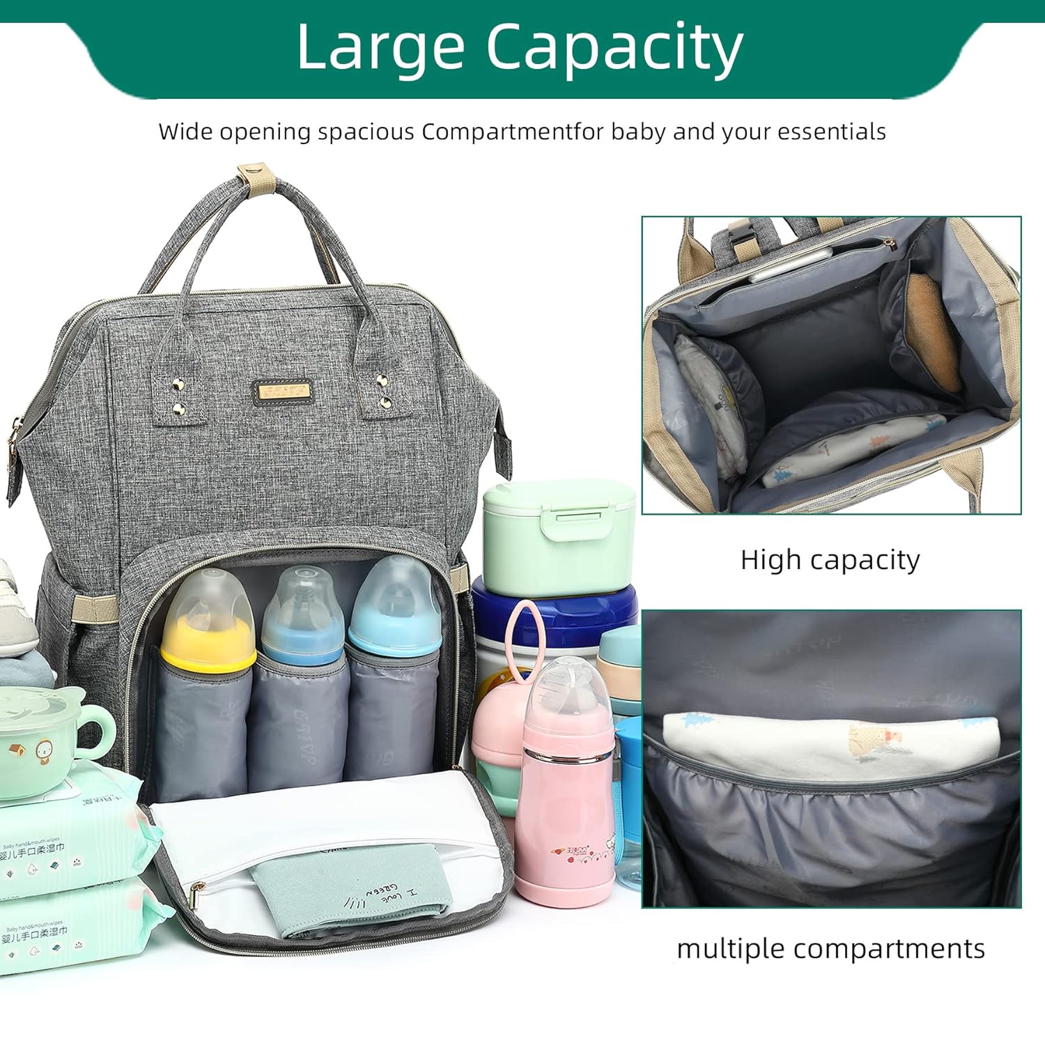 Diaper Bag Backpack, Diaper Bags for Baby Girls Boys, Baby Bags for Moms Dads, Nappy Changing Bag with Insulated Pockets,Multi-functional Waterproof Backpack with Stroller straps - Grey - Image 6
