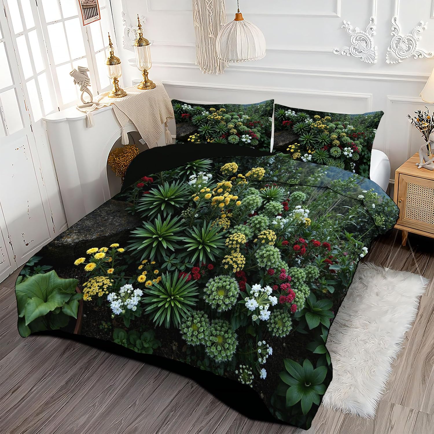 Plants and Flowers Quilt Set Queen 3 Pieces, Dark Green Quilts Bedding Set Rainforest Wildflowers Bedspread Bed Cover Lightweight Spring Summer Beds Coverlet for All Season - 90"X90"