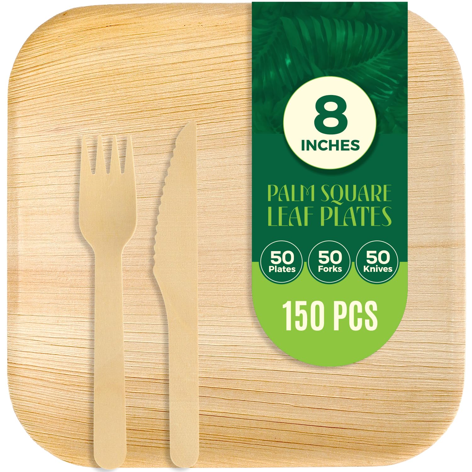 Compostable 8'' Square Palm Leaf Plate I (150-Pack)-50 of 8'' Plates, 50 Knives and 50 Forks| Premium Disposable Plates Set, Heavy Duty Eco-Friendly Like Bamboo Disposable Plates