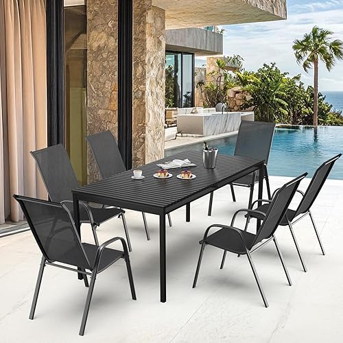 Miniatura 9 de VINGLI Juego de 4 sillas de patio  Sillas de comedor apilables para exteriores con cómodas sillas de respaldo alto y reposabrazos para césped,