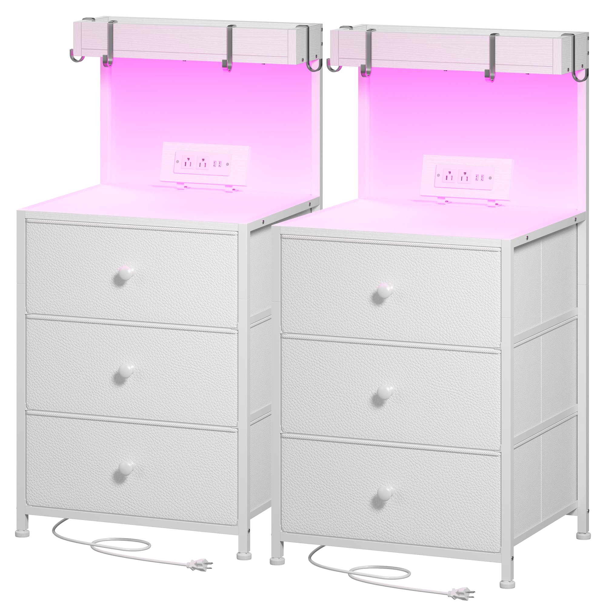 EnHomee Tall Night Stand Set of 2, Nightstand with Charging Station and Led Nightstand with 3 Drawers, Bedside Table with Drawers and Outlets, for