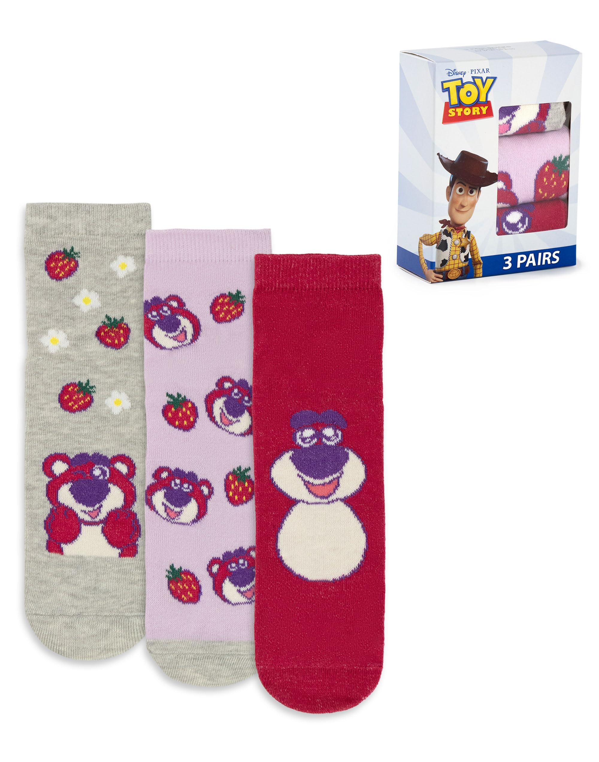 Disney Toy Story Lotso Girls Calf Socks Set of 3 | Grey, Red, Purple Striped & Floral Design | Everyday Wear for Kids | Character Socks Merch - 12.5-3.5 UK Child