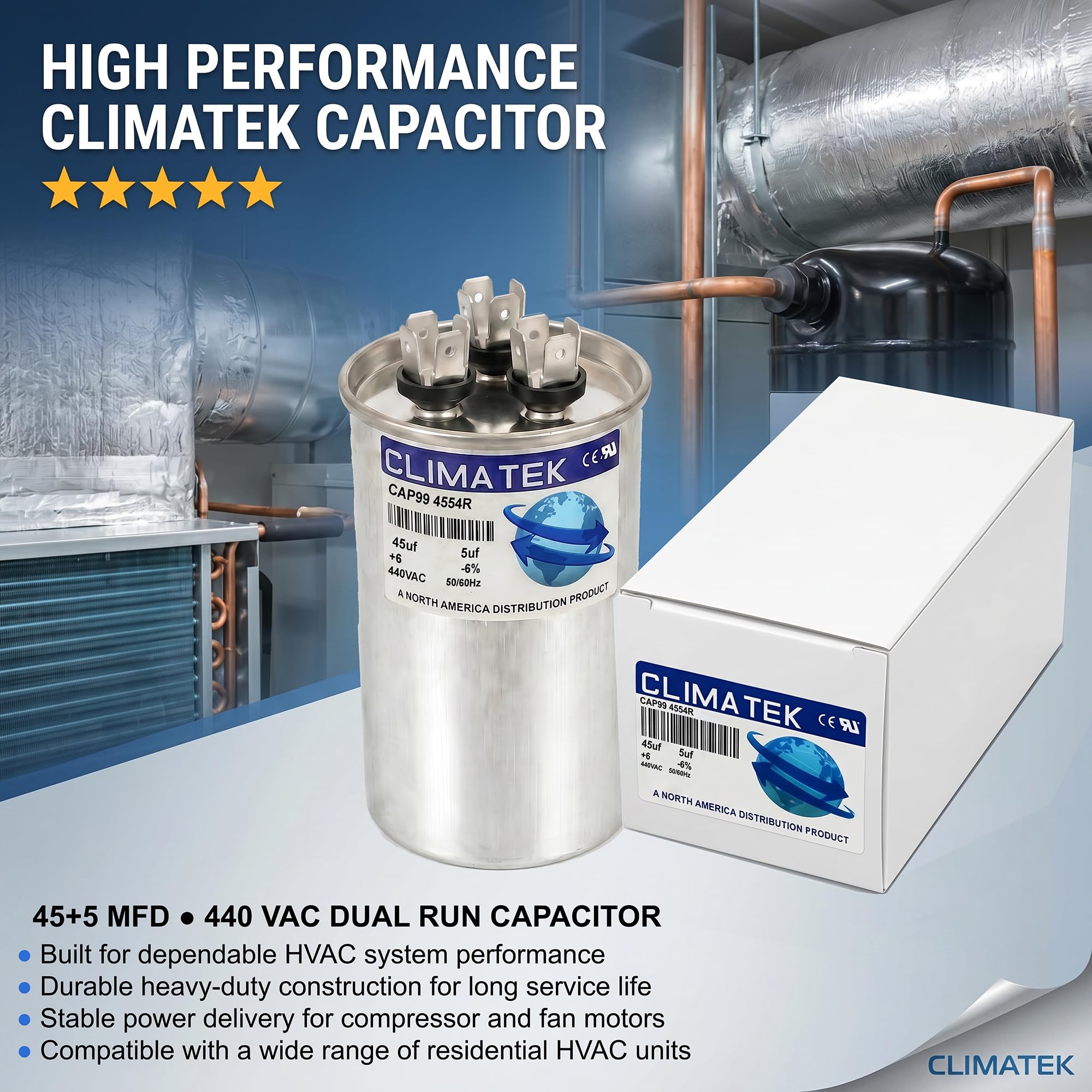 ClimaTek Round Capacitor Replaces American # CPT02380 | 45/5 uf 
