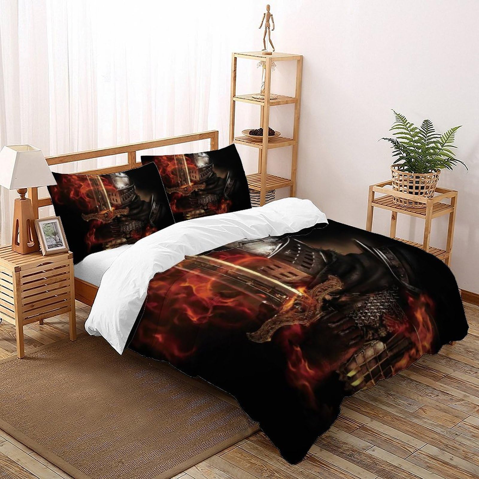 Knight Flame Bedding Set 3D Digital Printing Gothic Themes Duvet Cover Set Microfiber Comforter Cover Universal for All Seasons Pillowcase Super King（260x220cm）