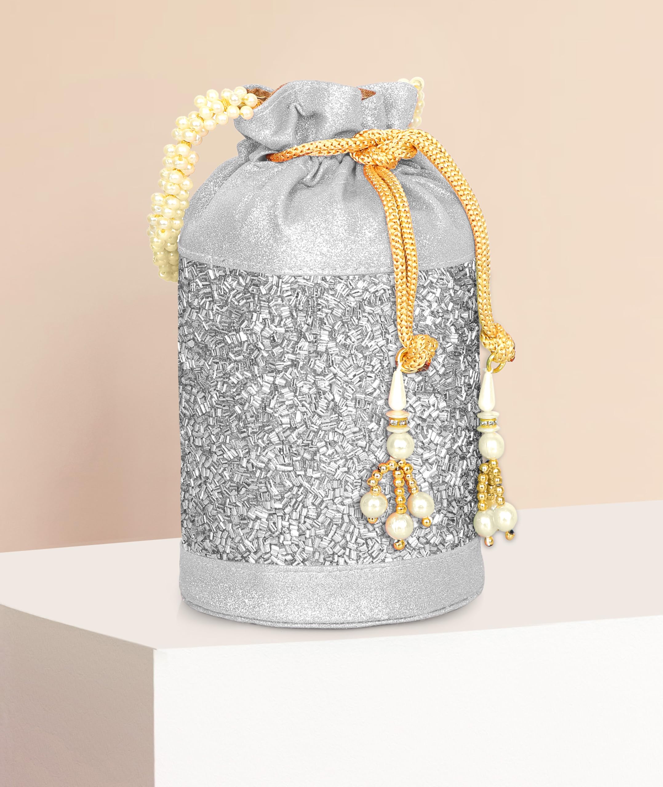 MISHA Gilded Grace Potli Bag for Women β Designer Beaded Potli with Pearl Handle (SILVER) 3