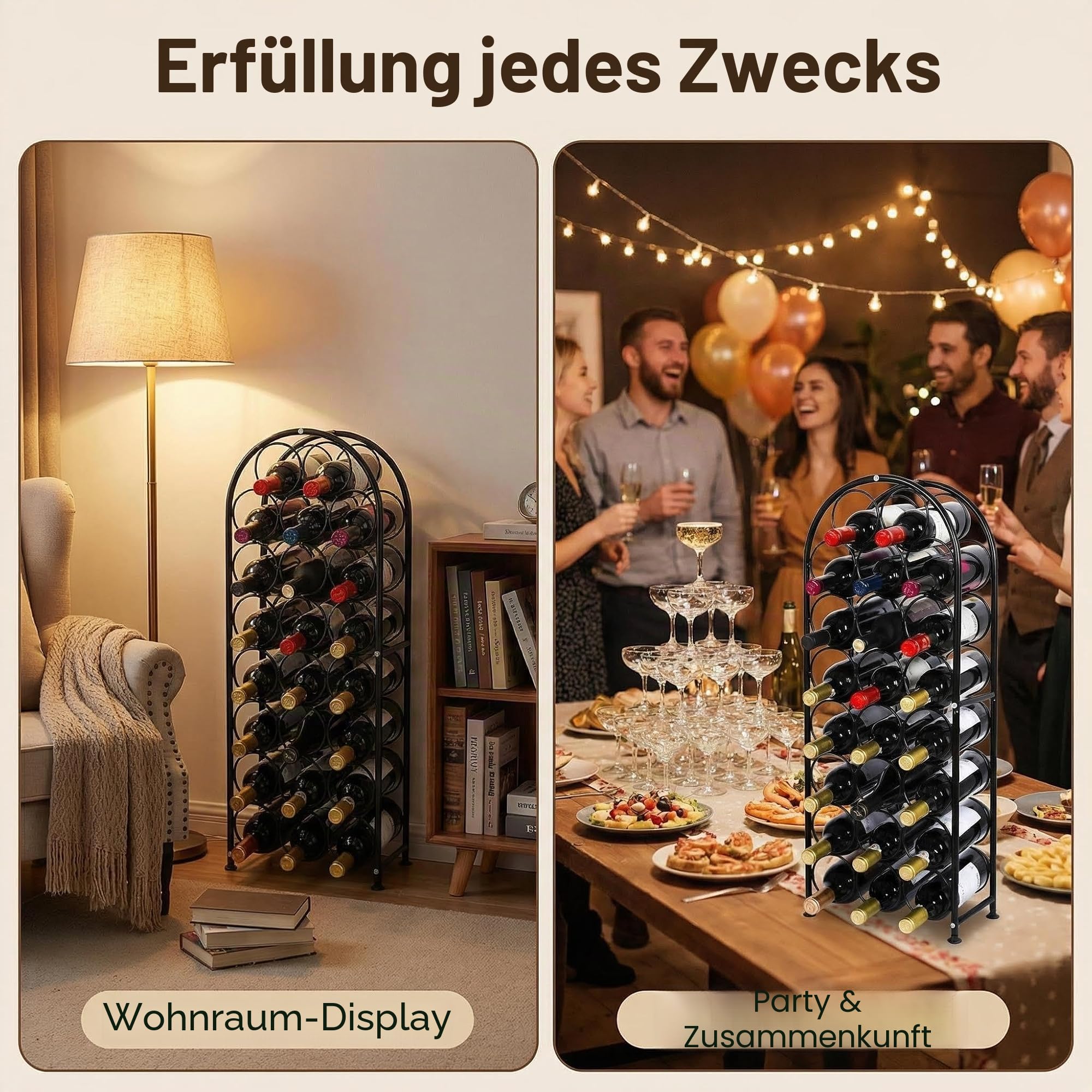 PAG Weinregal Metall 23 Flaschen Freistehendes Boden-Flaschenregal, Dekorativer Flaschenhalter-Ständer für Küche/Boden/Bar, Schwarz