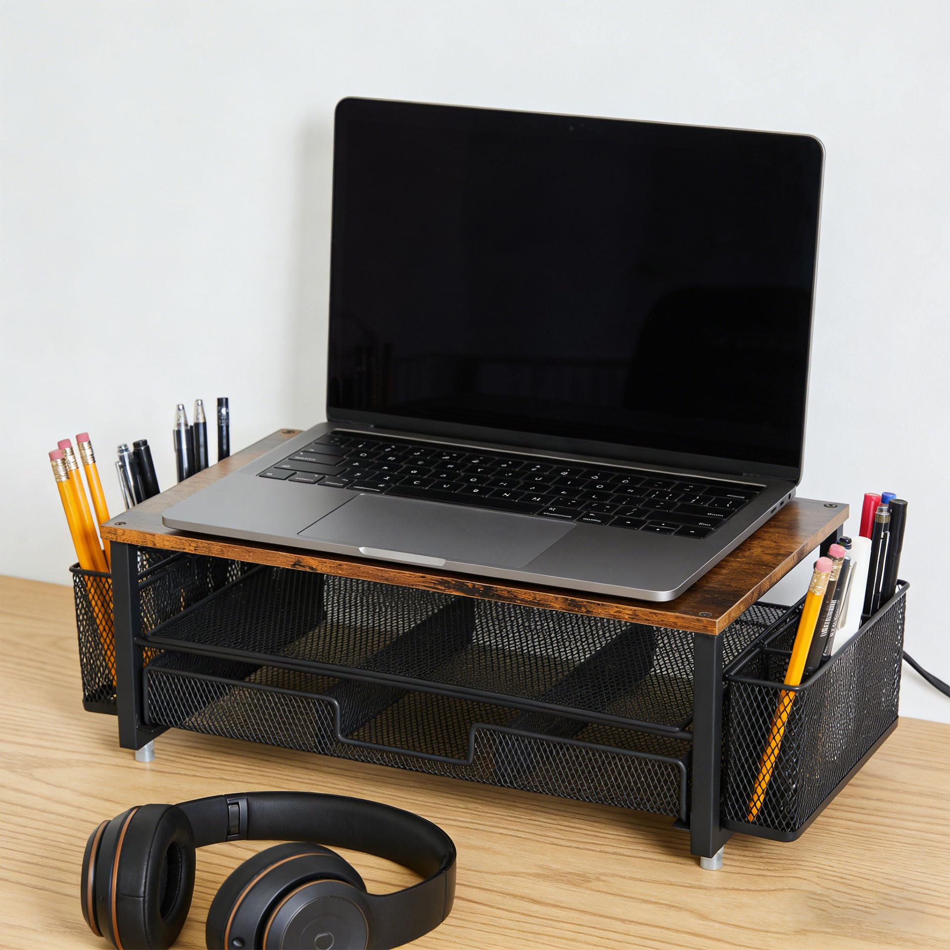 Piattaforma espositiva moderna larga 48,5 cm con cassetto integrato e supporti per accessori per scrivania ordinata casa ufficio planner