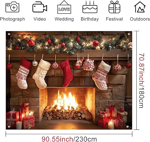 Miniatura 4 de Pancarta de fondo de Navidad para chimenea, 8 x 6 pies, medias colgantes, pancarta de fiesta de vacaciones, color rojo y blanco, fondo de decoración