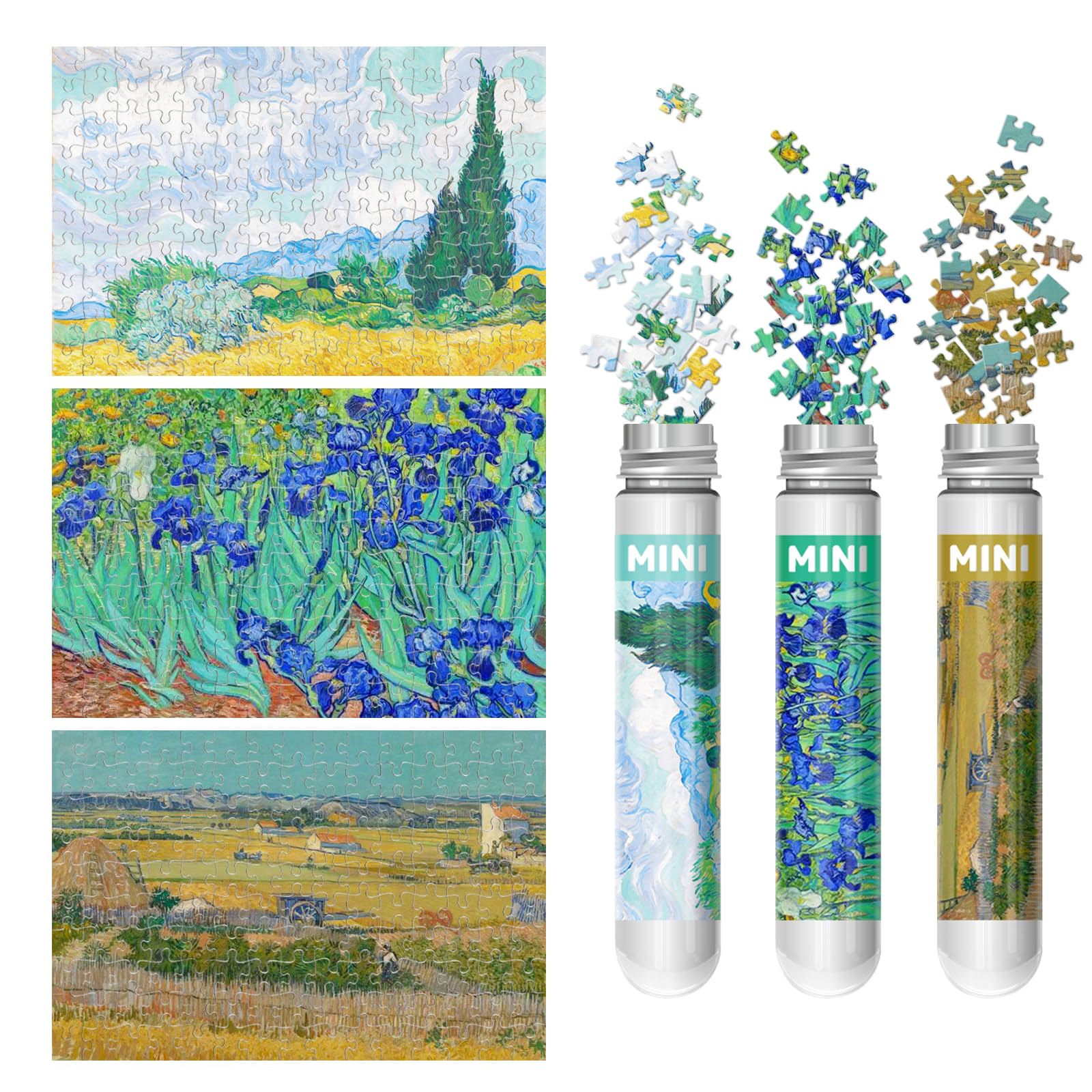 Photo 1 of 150 Pieces Mini Jigsaw Puzzles for Adults & Kids, 6" x 4" Small Jigsaw Puzzles Capsule Tube Jigsaw Puzzles Intelligent Game, Wheat Field with Cypresses Irises The Harvest (Wheatfields) 3 Pack