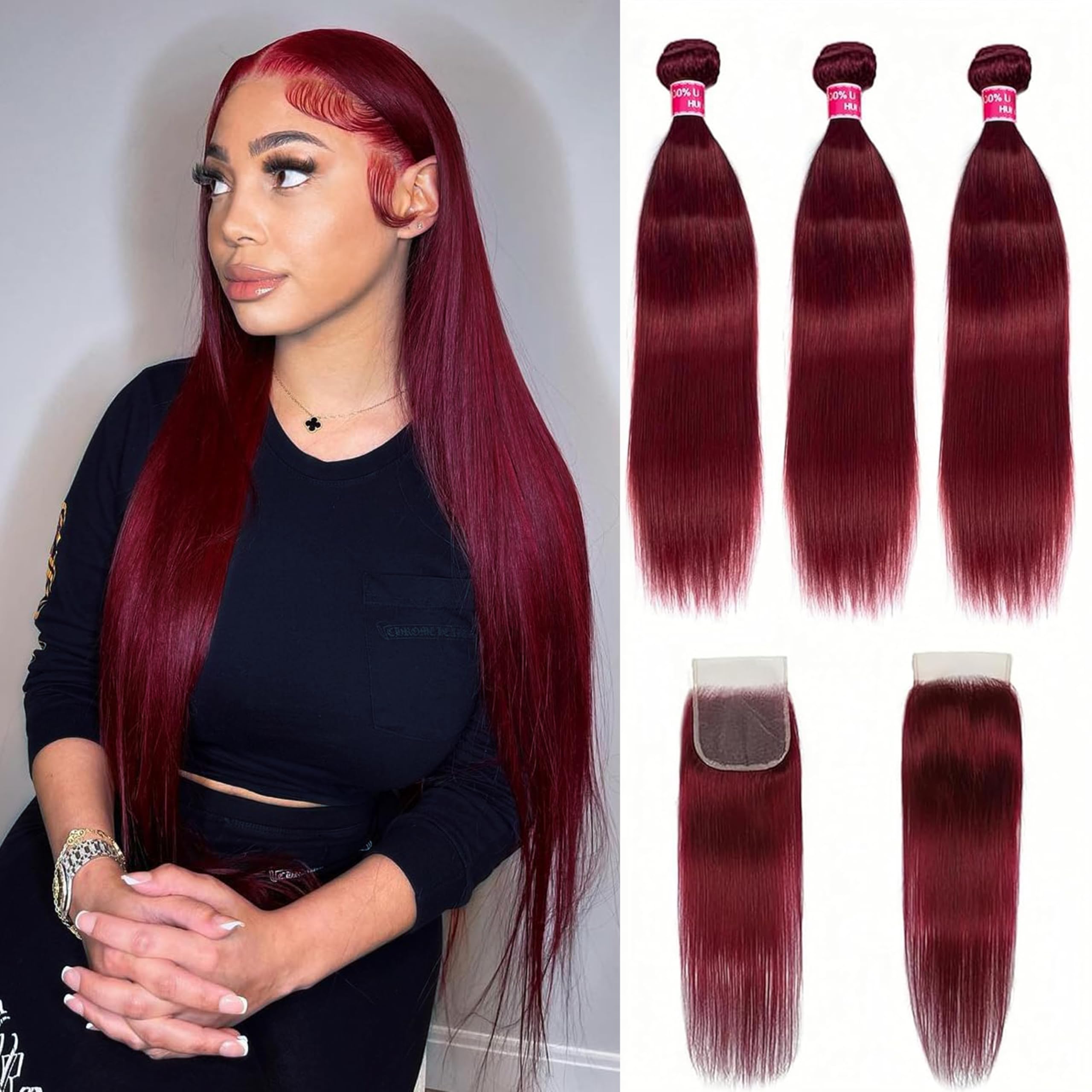 Straight Bundles with Closure 18 20 22+18Inch Grade 10A 99j Burgundy Color Straight Hair 3 Bundles Human Hair with 4x4 Lace Closure Free Part Win Red