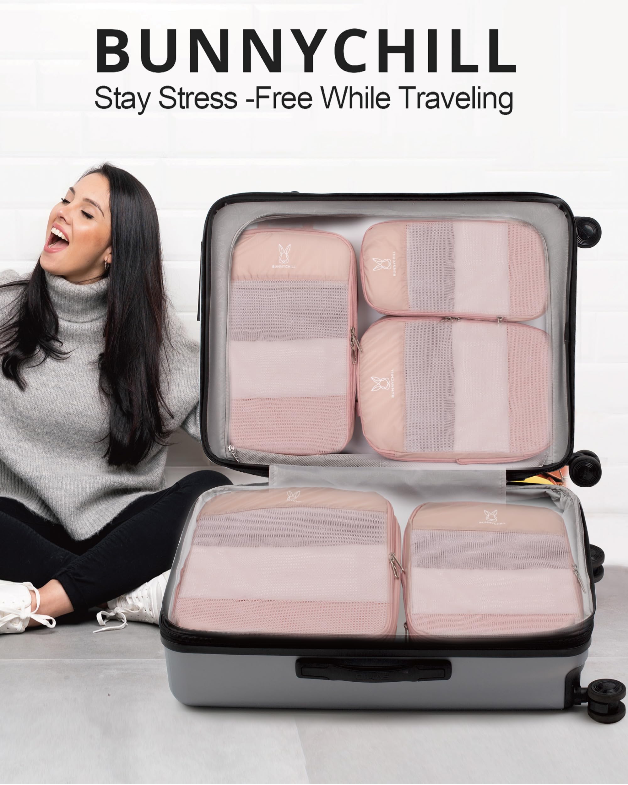 Set di 6 cubi espandibili a compressione per valigie, organizer da viaggio leggero e comprimibile per valigie, set di borse da viaggio essenziali da viaggio per donne