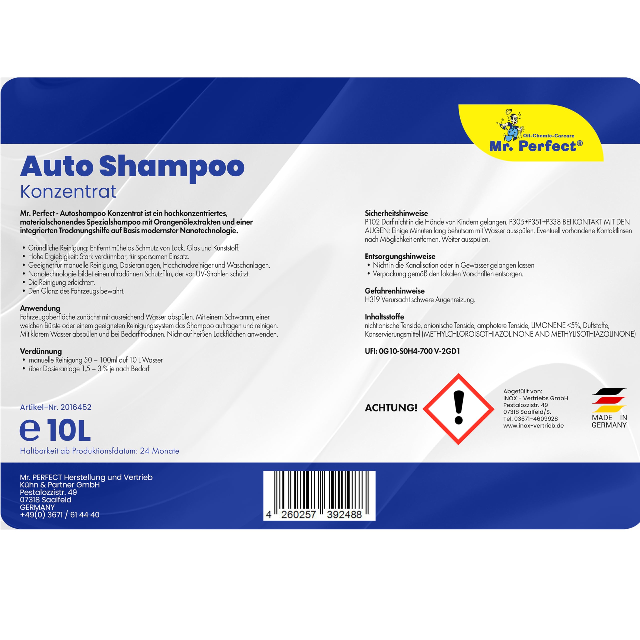 Mr. Perfect – Autoshampoo Konzentrat im praktischen 2x10L Kanister | Autoshampoo für Hochdruckreiniger und Waschanlagen | Autoreiniger mit Abperleffekt