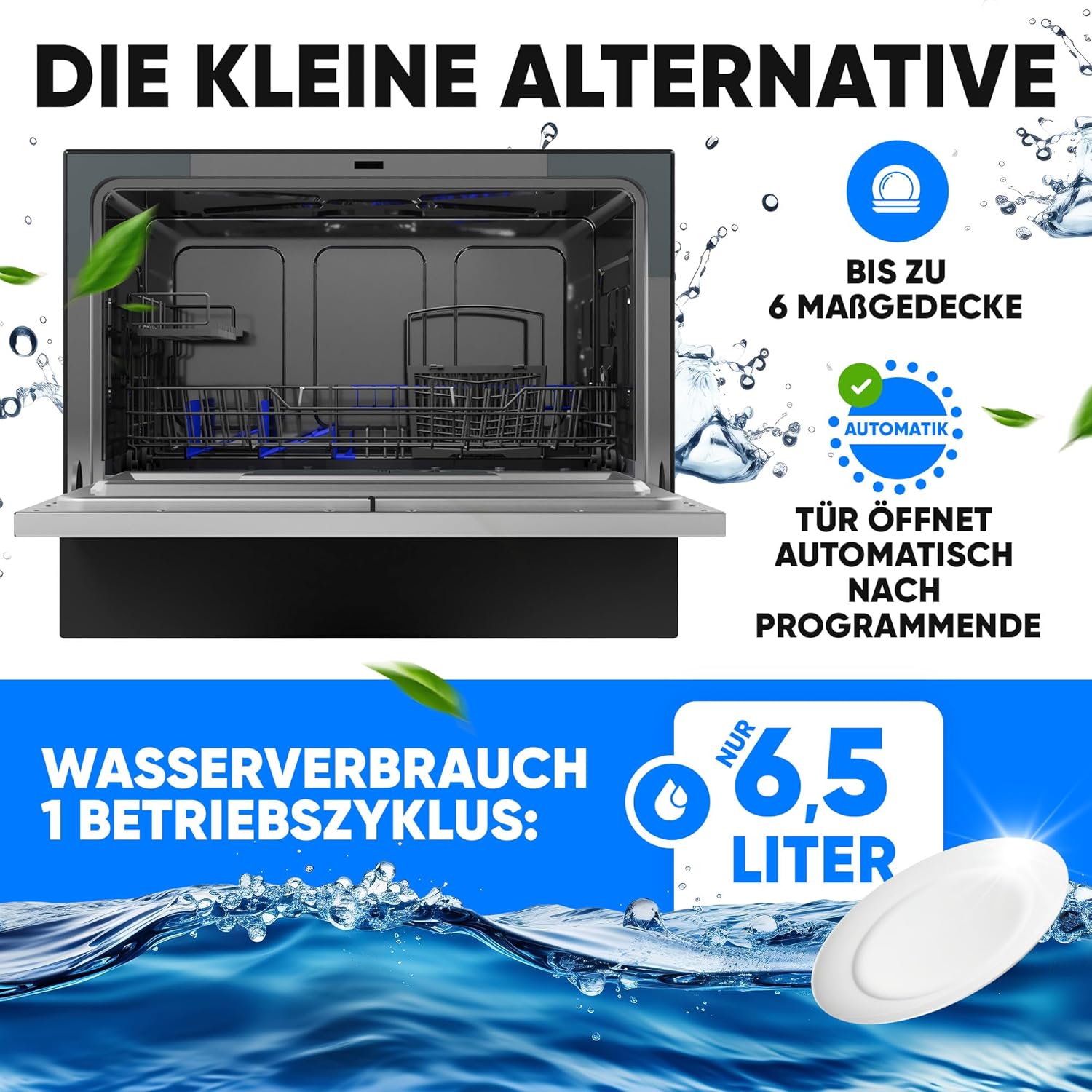 Bomann TSG 7405 Compact Dishwasher with open door, showing interior racks and a graphic indicating 6 place settings, automatic door opening, and 6.5 liters water consumption per cycle.