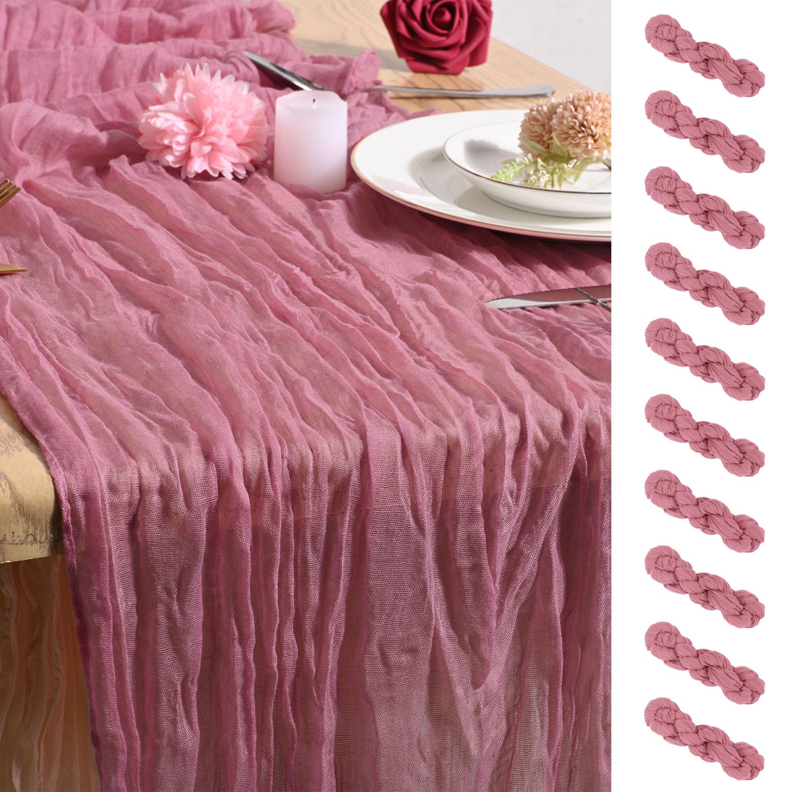 Photo 1 of 10 Pack Dusty Rose Cheesecloth Table Runner 20 x 120 Inch Rustic Gauze Boho Cheese Cloth Table Runners 10Ft for Wedding Party Bridal Shower Decoration