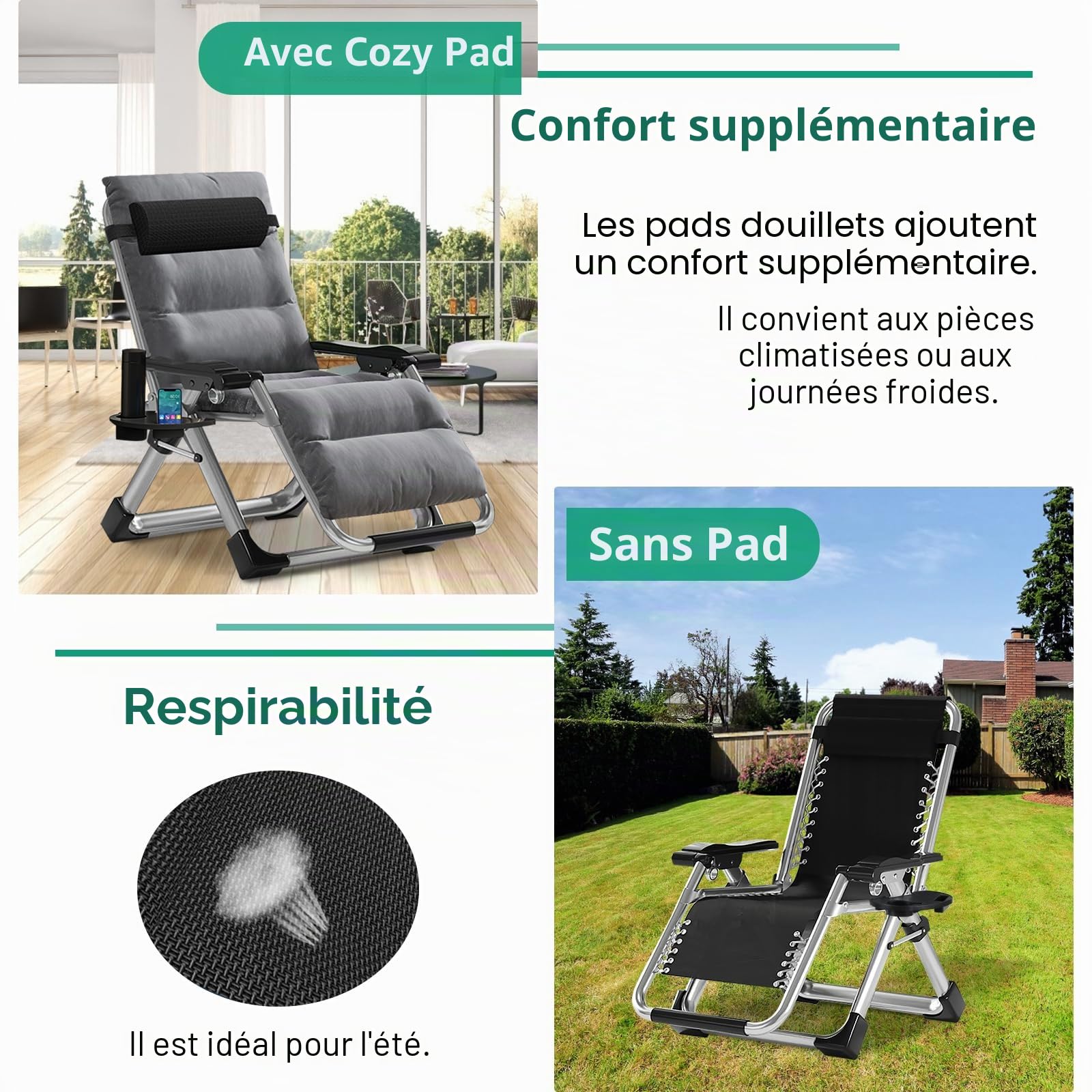 Chaise Longue Pliable avec Coussin et Poche latérale, Double Usage, pour Salon, Balcon, Jardin, Plage ou Piscine