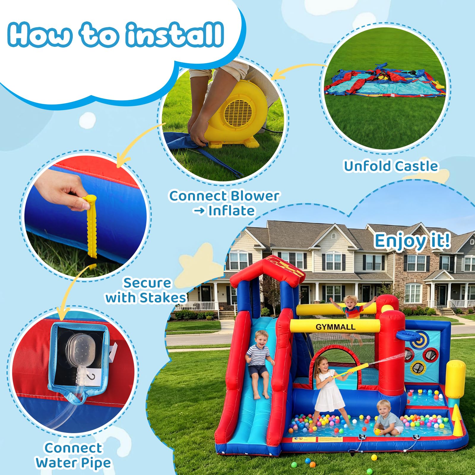 Castello Gonfiabile per Bambini – Gioco Multifunzione 8 in 1 con Scivolo, Parete da Arrampicata, Trampolino e Ventilatore 370W, Ideale per Uso Interno ed Esterno