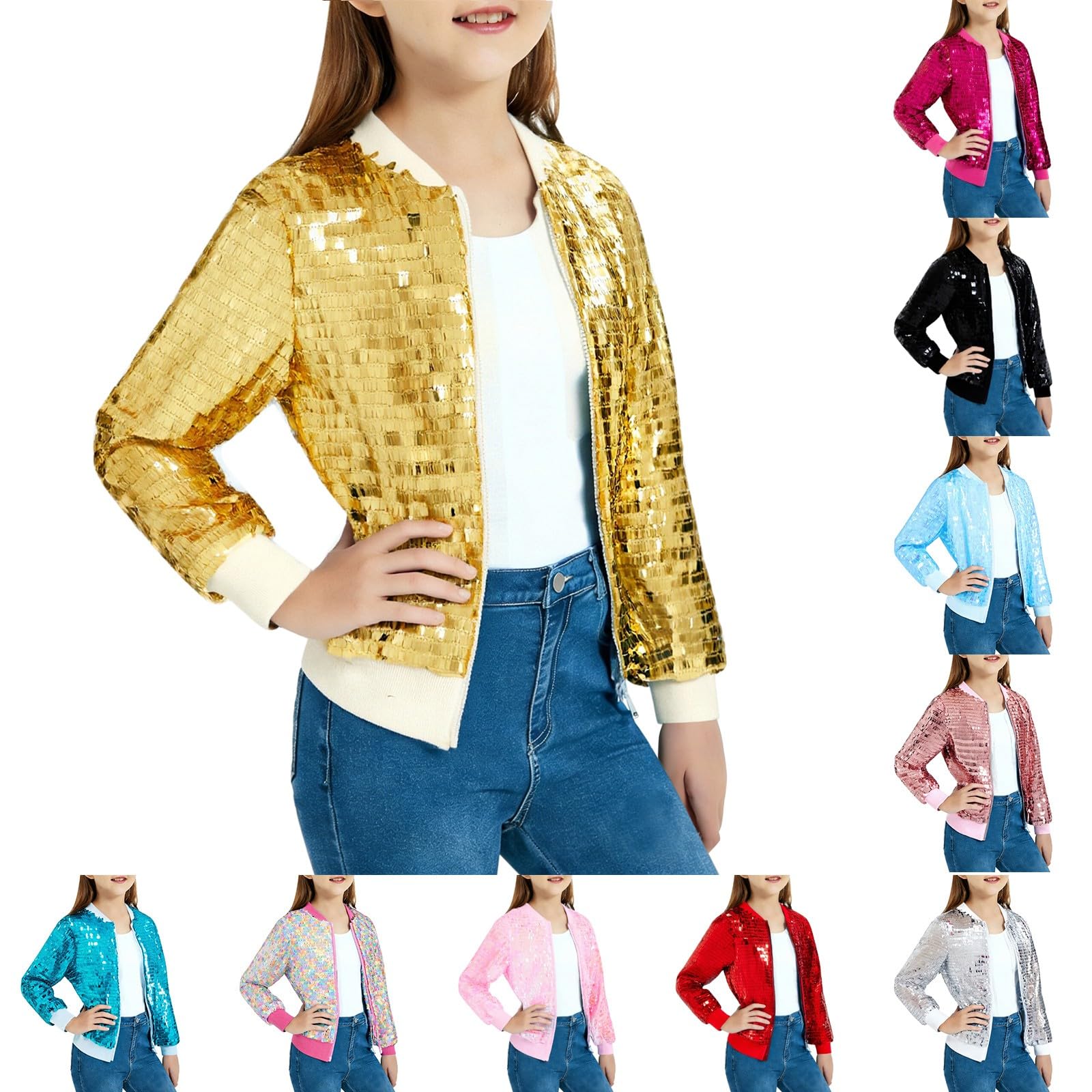 Chaquetas de lentejuelas para niñas, elegante chaqueta bomber de manga larga brillante, chaqueta de béisbol brillante con cremallera, abrigo festivo con purpurina para exteriores