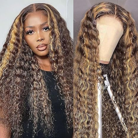 Highlight Ombre HD Transparent 13x4 Lace Front Wigs Human Hair 180% Density Honey Blonde 4/27 Deep Wave Lace Front Wigs for Black Women Frontal Curly Wig Pre Plucked with Baby Hair 26 Inch