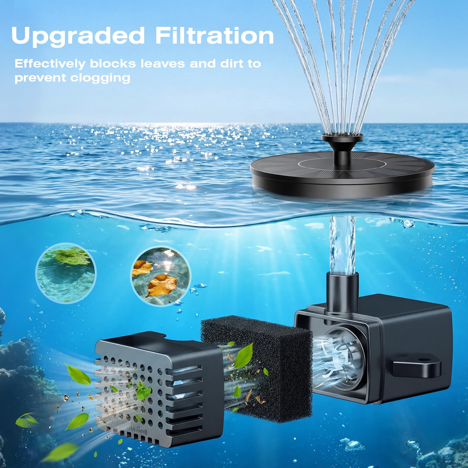 AMZtime Solar Water Fountain for Bird Bath, Outdoor, Pond Pump with 6 Water Features, and Floating Fountain Pump for Gardens, Ponds, and Bird Baths — view 8