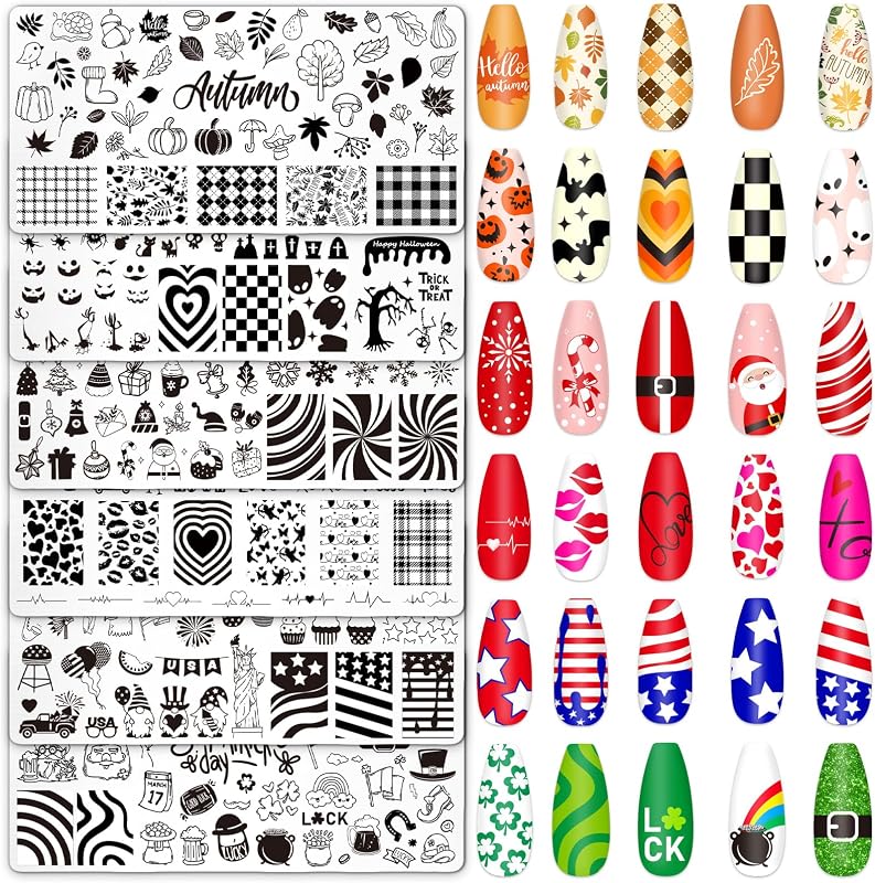 Whaline 6 piezas todas las placas para decoración de uñas navideñas | Navidad, San Valentín, otoño, invierno, Día de San Patricio, tema patriótico, plantilla de sello, diseño de salón de manicura con impresión DIY