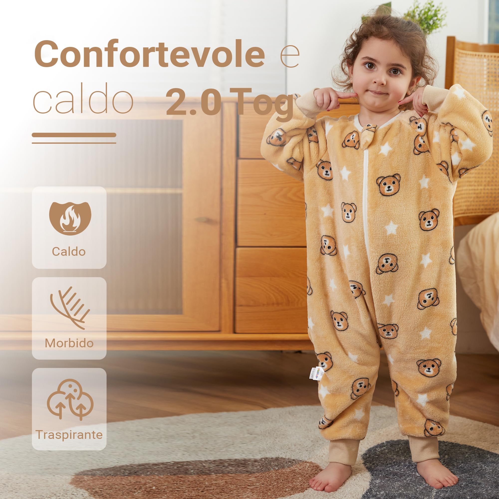 XQ&XG Sacco Nanna con piedini, Bambini Sacco Nanna con gambe 2.0 TOG, Flanella Sacco a pelo a maniche lunghe, Orso bruno, 130