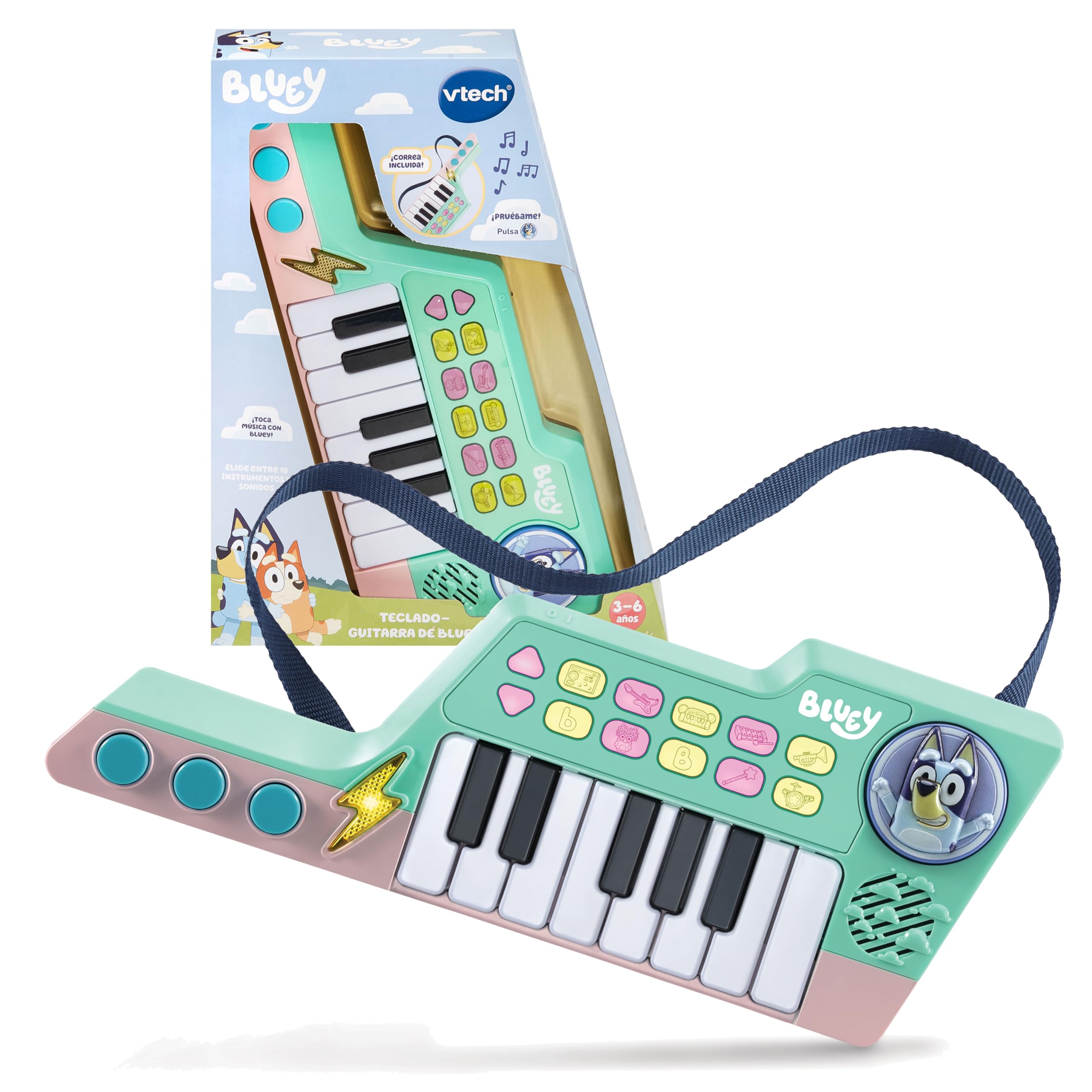 VTech - Teclado-​Guitarra de Bluey, Piano y Guitarra interactiva 2 en 1, Elige Entre 10 Instrumentos y Sonidos, CREA Tus propias melodías, Regalo niños +​3 años, Versión ESP