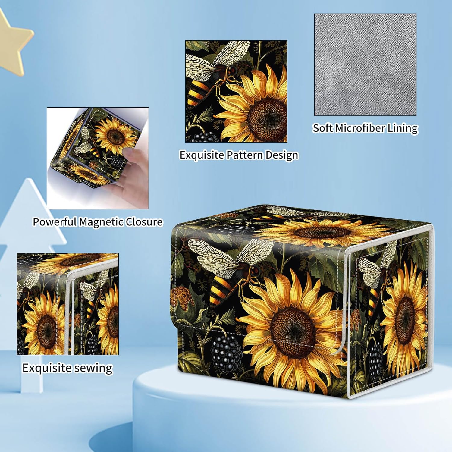 for MTG Commander Deck Box,Card Deck Box for Trading Yugioh MTG,Fits 100 Double Sleeved Cards,PU Leather Strong Magnet Case for Magic Commander TCG CCG,Sunflower Bee