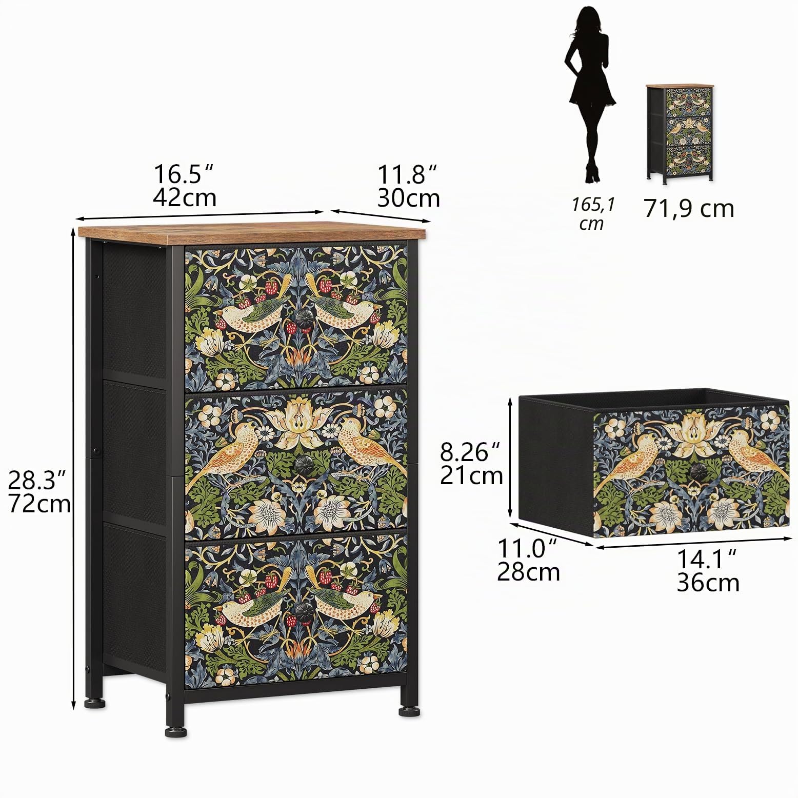Cómoda con cajones de tela, cómoda de tela con 3 cajones de tela, armario de almacenamiento para dormitorio, sala de estar y pasillo, patrón decorativo de fresas y pájaros, estructura de