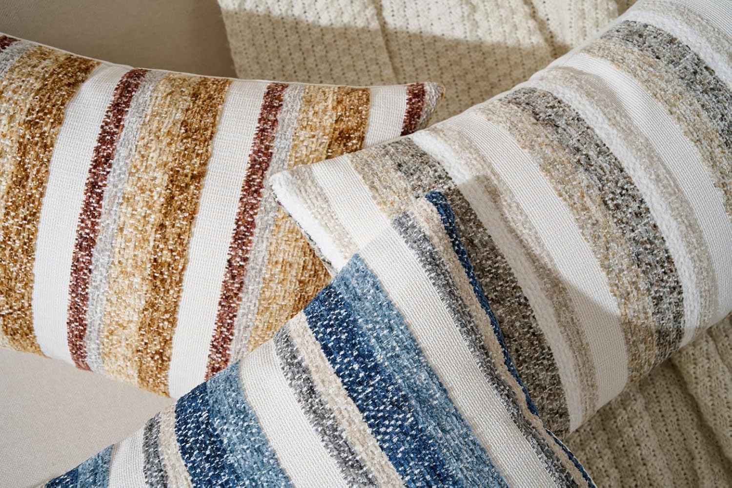 Zealax Modern Farmhouse Decorative Lumbar Pillow Covers 12x20 Inch Boho Throw Pillows Neutral Soft Chenille Couch Cushion Covers, Set of 2 Velvet Striped Accent Pillows Cases for Sofa Bed, Beige