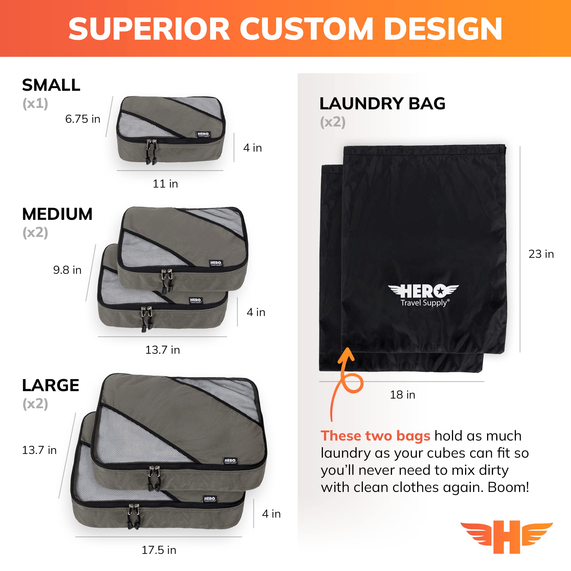Hero Travel Supply Cubi organizer per bagagli con 2 sacchetti per biancheria, grigio militare, set da 5