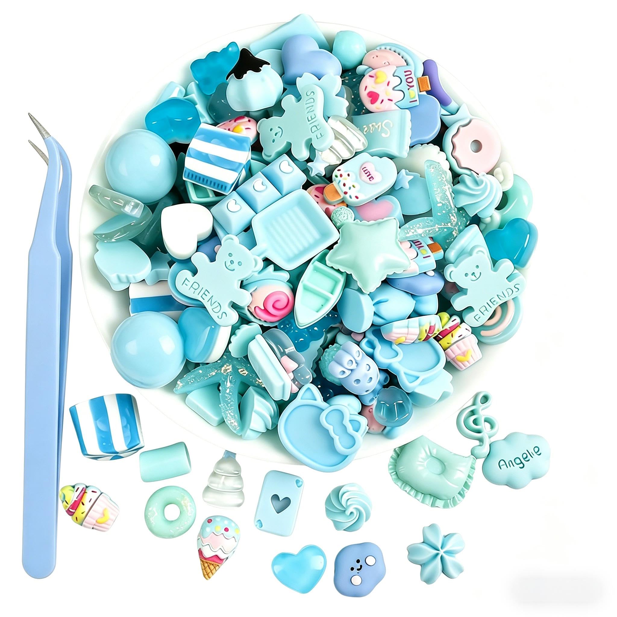 50 Pieces Phone DIY Charms for Slime with Tweezer, Slime Accessories for Phone - Multi-Style, Easy to Match & Use for DIY Craft, Color Charm (Blue)