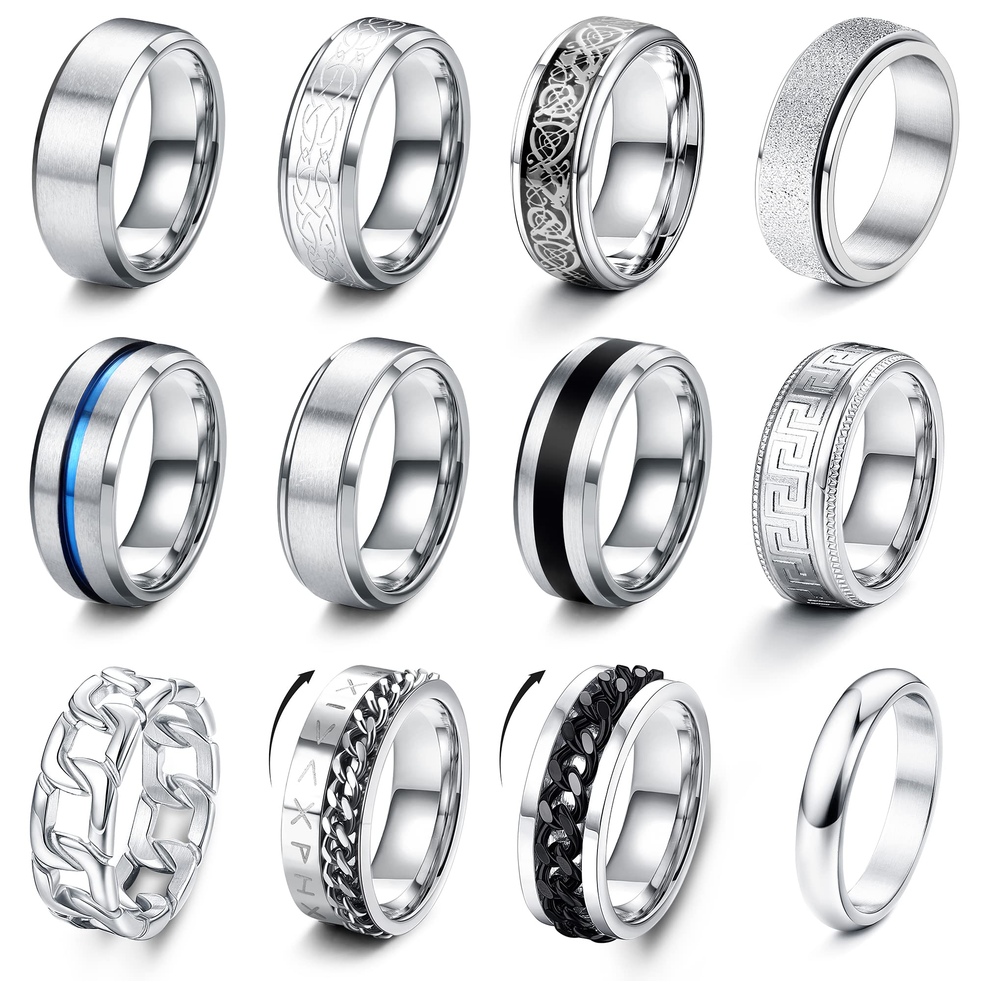 LOLIAS 12 Piezas Anillos Hombre Plata Acero Inoxidable Acabado Mate Anillo Cadena Banda Pulido Abrebotellas Anillos Alianzas Boda Anillo Compromiso Vintage Fidget Anillo para Hombre Mujere