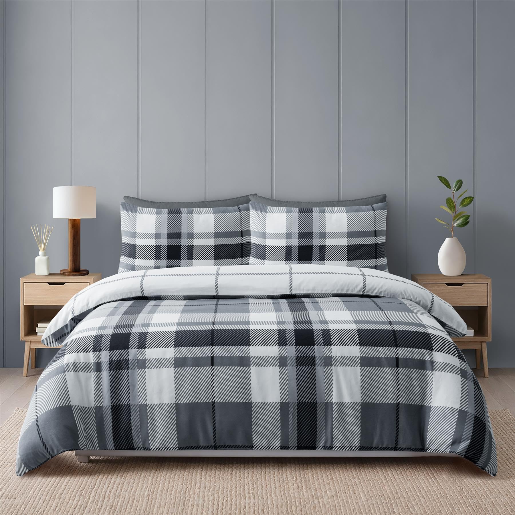 Adore Home Charcoal Grey Check Double Duvet Cover Set Charcoal Grey & White Check Reversible Microfibre Bedding Soft Warm Includes Pillowcases