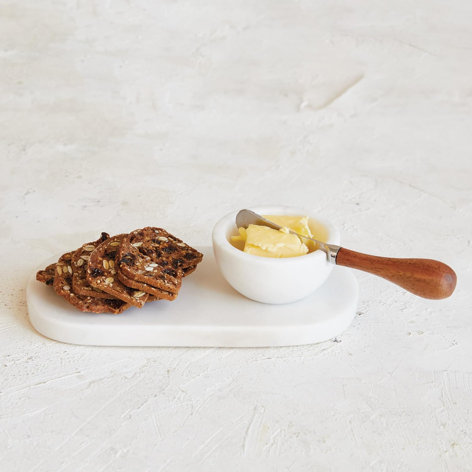 Creative Co-Op Marble Cheese Board Set with Bowl and Knife, White
