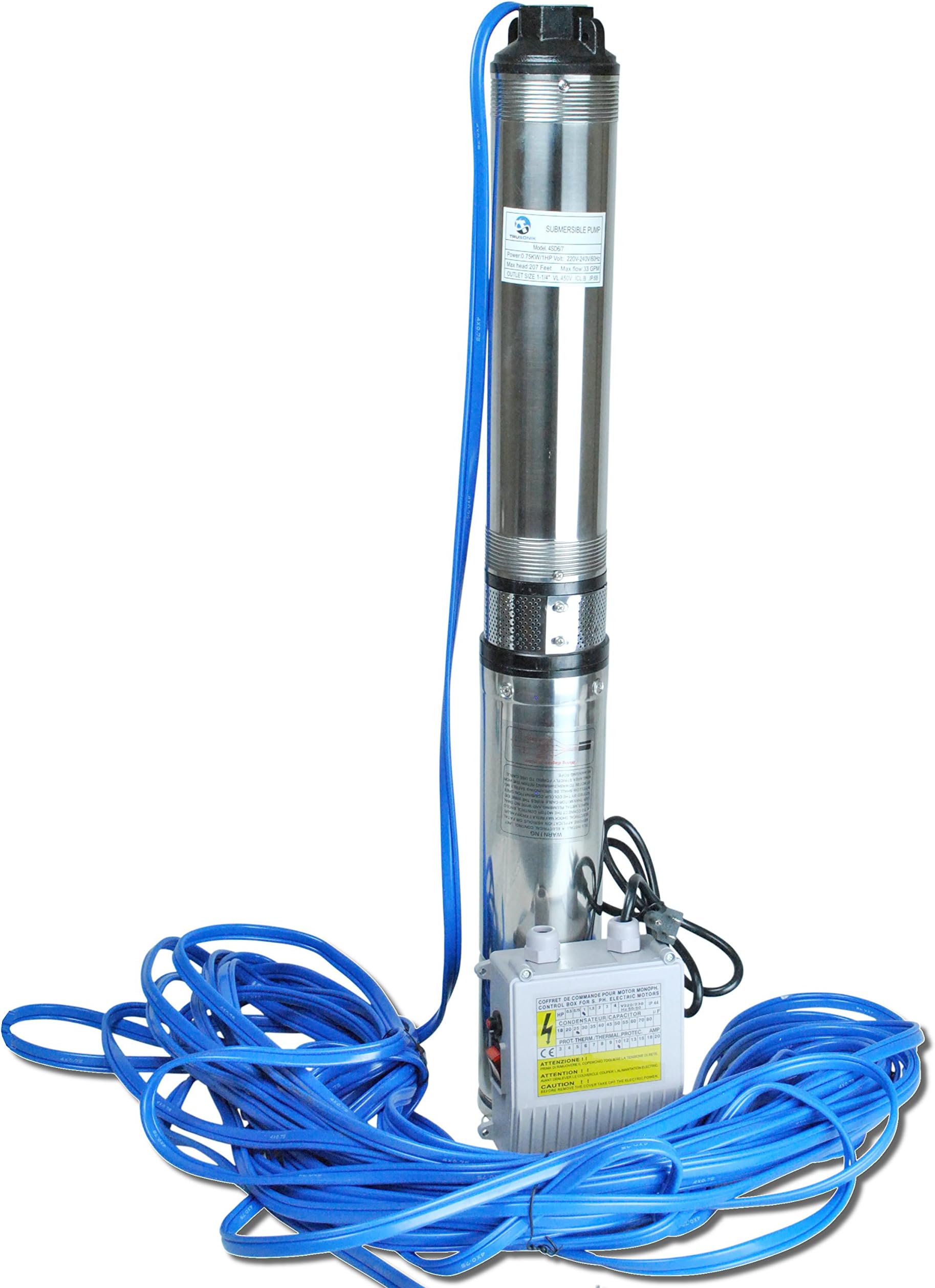 1HP Submersible Deep Well Water Pump | Stainless Steel Body | Includes Controller Box With Switch And 100' Of Cable