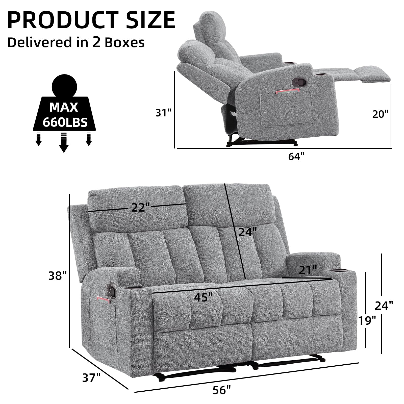 CANMOV Manual Recliner Sofa Set, Soft Fabric Reclining Loveseat with Side Pockets and Cup Holders, 2 Seat Reclining Couch for Living Room, Office, Light Grey view 2